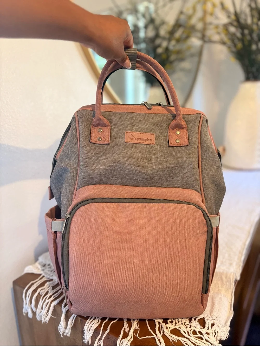 Upsimples gray and coral pink dipper bag